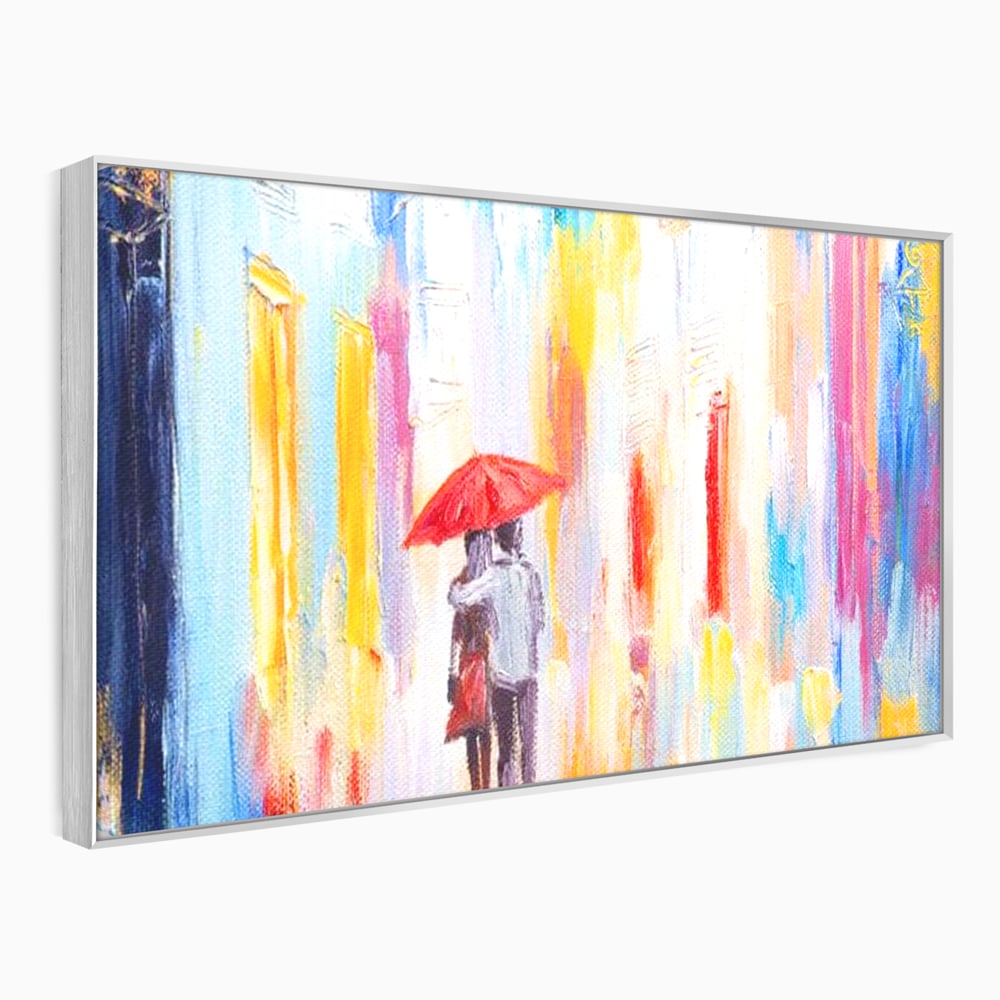Tablou canvas cu pictura cu un cuplu sub umbrela, in rama de aluminiu argintiu